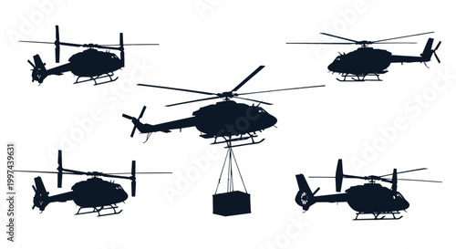 Set of five black helicopter silhouettes in various positions, including one carrying a heavy cargo container, on a white background.