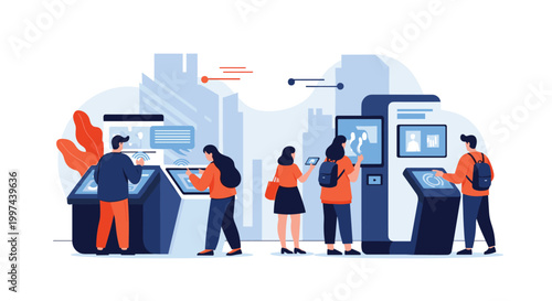 People interacting with modern interactive touch screen kiosks and digital displays in a futuristic information center or exhibition.