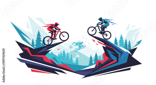 Dynamic illustration of mountain bikers competing in a downhill race, jumping over rugged terrain in an extreme sports competition.
