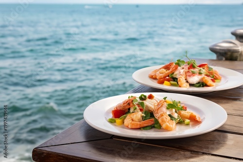 Fresh Seafood Dishes Served by the Ocean as Waves Crash by on a Sunny Day