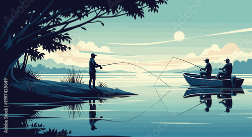 Serene landscape of people fishing on a calm lake at dawn, with one angler on the shore and two others in a small motorboat.