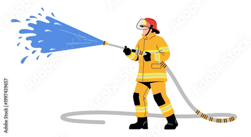 Firefighter in uniform spraying water with hose on white background