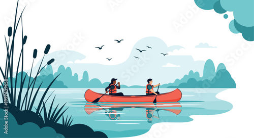 Man and woman paddling in a red canoe on a peaceful lake, enjoying a scenic outdoor adventure with mountains in the background.