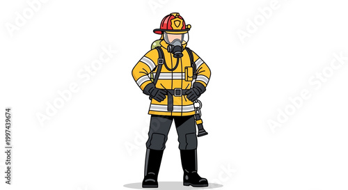 Cartoon firefighter in uniform with helmet and breathing apparatus