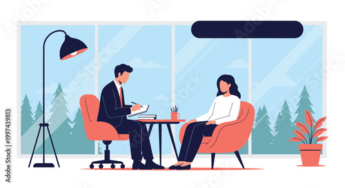 A male therapist in a suit listens and takes notes while a female patient talks during a psychology session in a modern office.