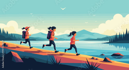 Three young girls with backpacks happily running along a scenic trail by a lake during a summer hiking adventure in the mountains.