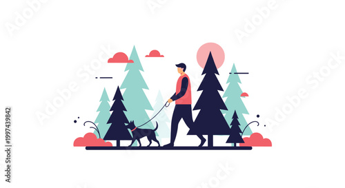 A man walking his dog on a leash through a stylized forest of pine trees, enjoying a peaceful moment in nature together.