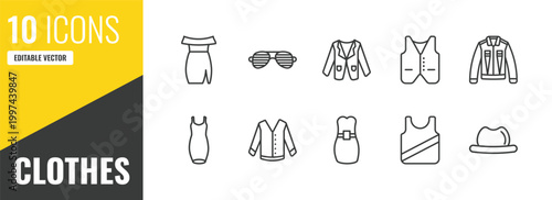 clothes outline icon set. 10 linear vector for ui, web and mobile. thin line off the shoulder dress, shutter sunglasses, blazer icons.