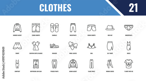 clothes outline icon set. linear vector for ui, web and mobile. thin line chino shorts, underpants, bra icons.