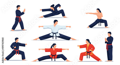 Collection of people practicing martial arts, with men and women in various fighting stances and dynamic karate or kung fu poses.