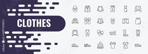 clothes outline icon set. linear vector for ui, web and mobile. thin line cardigan, long sleeves t shirt, drees icons.