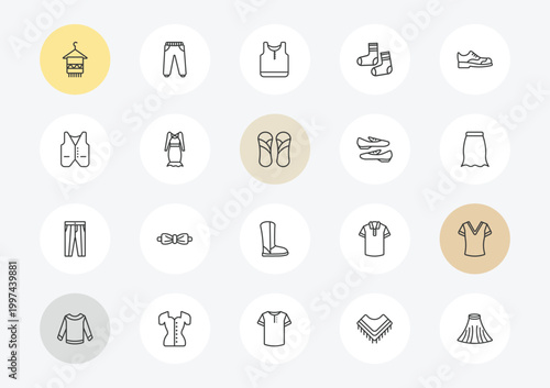 clothes outline icon set. linear vector for ui, web and mobile. thin line scarf on hanger, waistcoat, oxford wave suit pants icons.