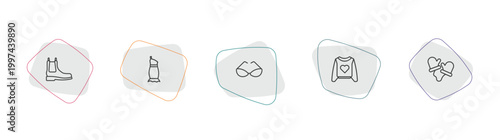 clothes outline icon set. linear vector for ui, web and mobile. thin line leather chelsea boots, one shoulder dress, cat eye glasses icons.