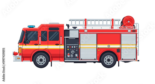 Detailed side view of a modern red fire truck with equipment