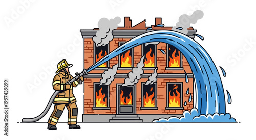 Firefighter extinguishing a burning building with hose in cartoon style