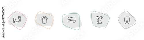 clothes outline icon set. linear vector for ui, web and mobile. thin line ankle boots, cotton polo shirt, loafer icons.