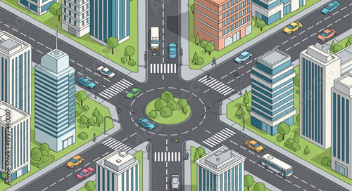 Isometric City Intersection with Roundabout and Buildings.