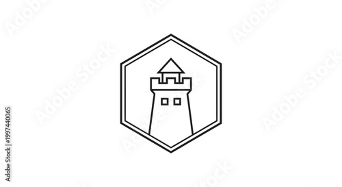 Minimalist Tower Icon, Geometric Hexagon Logo Design, Line Art Fortress Symbol