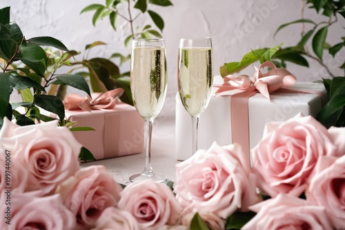 Celebration With Champagne and Flowers at a Gift Table During a Special Event