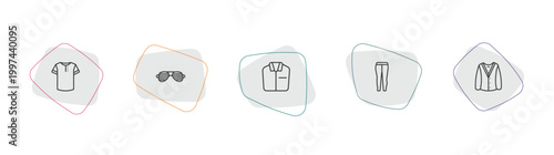 clothes outline icon set. linear vector for ui, web and mobile. thin line henley shirt, shutter sunglasses, formal shirt icons.