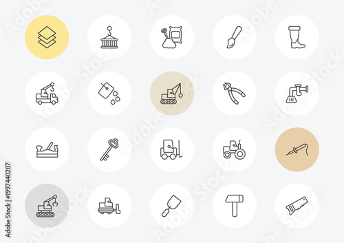 construction tools outline icon set. linear vector for ui, web and mobile. thin line tiles, truck with crane, jack plane icons.