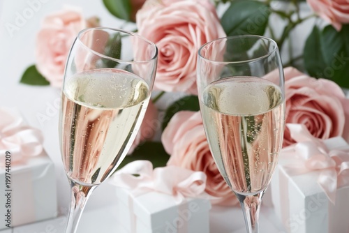 Celebration With Champagne Glasses, Roses, and Gifts on a Table at a Joyous E...