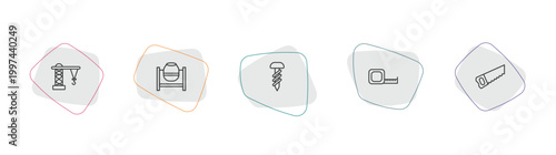construction tools outline icon set. linear vector for ui, web and mobile. thin line derrick facing right, cement mixers, garage screw icons.