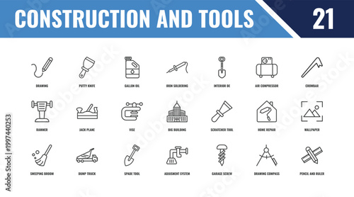 construction and tools outline icon set. linear vector for ui, web and mobile. thin line putty knife, crowbar, scratcher tool icons.