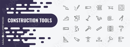 construction tools outline icon set. linear vector for ui, web and mobile. thin line drawing, saw, wheel barrow icons.
