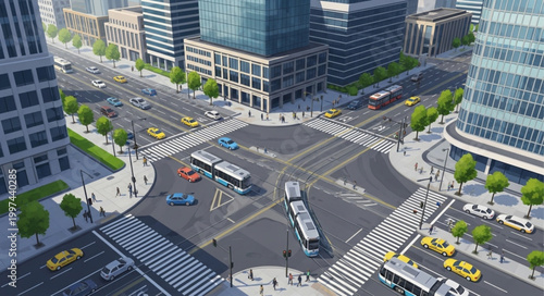Busy City Intersection with Traffic and Tall Buildings.