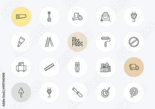 construction outline icon set. linear vector for ui, web and mobile. thin line saw, putty knife, air compressor icons.