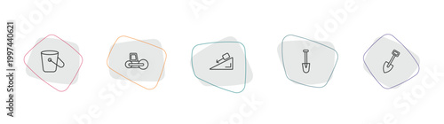 construction tools outline icon set. linear vector for ui, web and mobile. thin line bucket, road roller, inclined icons.