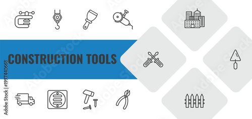 construction tools outline icon set. linear vector for ui, web and mobile. thin line vise, pulley hook, putty knife icons.