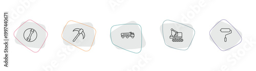 construction tools outline icon set. linear vector for ui, web and mobile. thin line round wrench, pick axe, dumper icons.