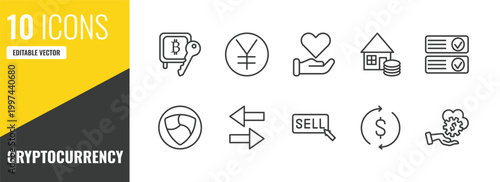 cryptocurrency outline icon set. 10 linear vector for ui, web and mobile. thin line proof of stake, yen, donation icons.