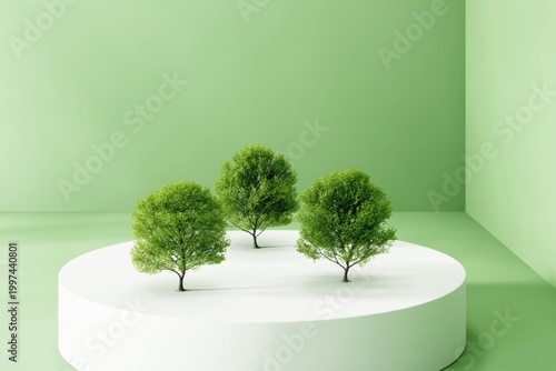 Green Trees Displayed on a Round Platform With Simple Background and Clean Li...