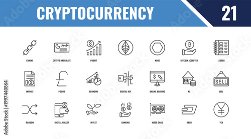 cryptocurrency outline icon set. linear vector for ui, web and mobile. thin line crypto hash rate, ledger, online banking icons.