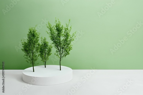 Trees Grow on a White Circular Base Against a Green Background in a Simple Setup