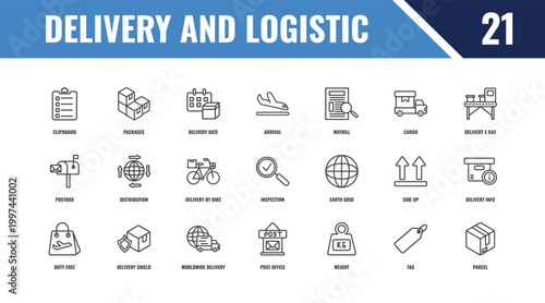 delivery and logistic outline icon set. linear vector for ui, web and mobile. thin line packages, delivery x ray, earth grid icons.