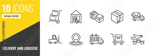 delivery and logistic outline icon set. 10 linear vector for ui, web and mobile. thin line freight, warehouse, boxes icons.