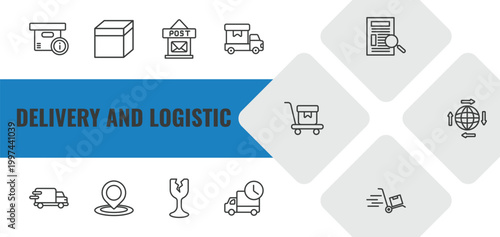 delivery and logistic outline icon set. linear vector for ui, web and mobile. thin line delivery info, package, post office icons.