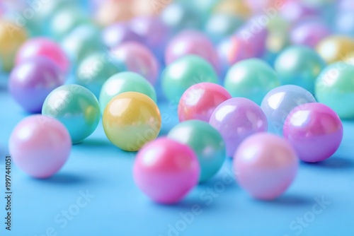 Colorful Pastel Balls Scattered on a Blue Surface in a Playful Arrangement