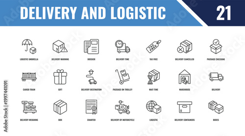 delivery and logistic outline icon set. linear vector for ui, web and mobile. thin line delivery warning, package checking, wait time icons.