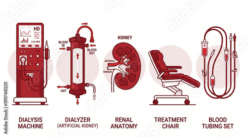 Clear medical infographic detailing kidney dialysis machine, artificial kidney, renal anatomy, treatment chair, and blood tubing setup