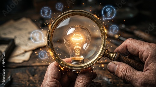 Hand holding magnifying glass over glowing light bulb with financial symbols and coins concept