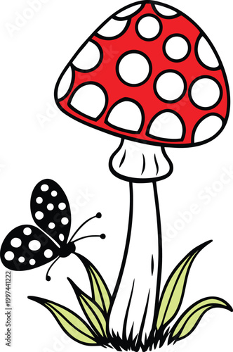 Cute red mushroom with white spots and a small black butterfly in the green grass