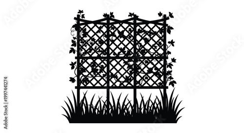 trellis with climbing vines and grass silhouette