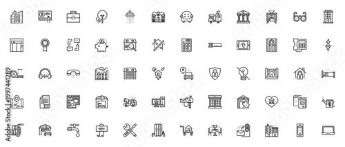 Real Assets icon set. Vector illustrations of real estate, tools, transportation, household items and more including house, calculations, security system, repair, and maps.