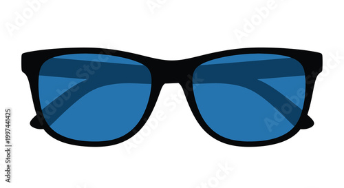 sunglasses with blue lenses and black frame on white background