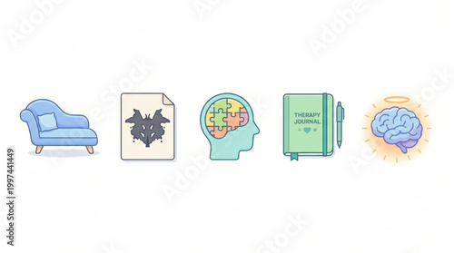 Illustrative icons depicting the journey through psychology, mental health, and therapy, from counseling sessions to self-discovery and well-being